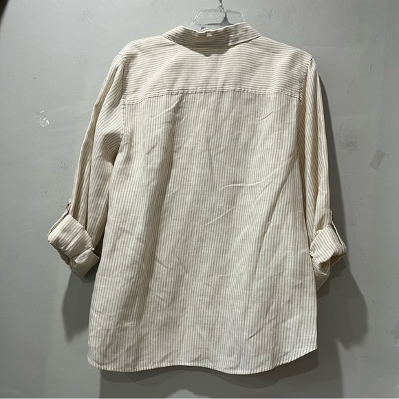 Chicos sz 2 Large Linen Top Shirt White Beige Pinstripe Stripe Coastal Grandma - Picture 8 of 10